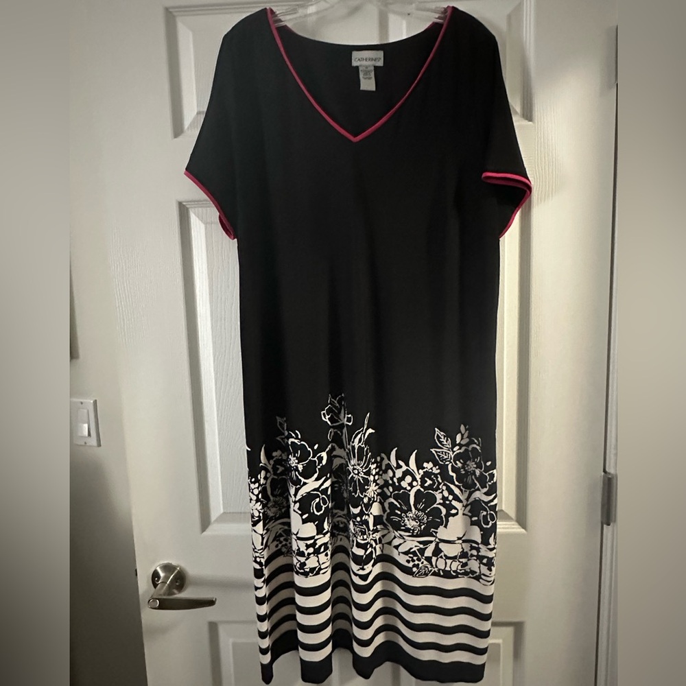 Catherines Black and White Floral Midi Dress with pink trim